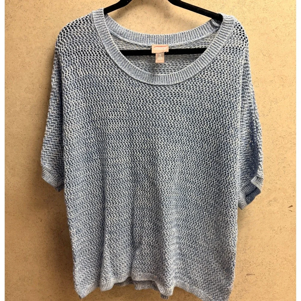 Chico's 3 XL Womens Blue White Open Knit Grandma Coastal Chic Airy Sweater